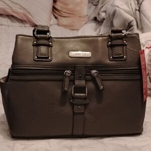 Rosetti Smoke Gray Satchel Handbag with Buckle Accents